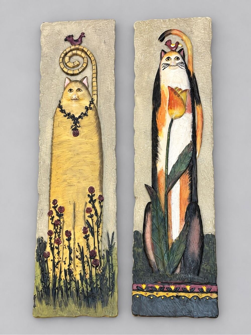 E. Smithson Folk Art 3D Resin Tall Cat Wall Plaques Set of 2 Whimsical Floral